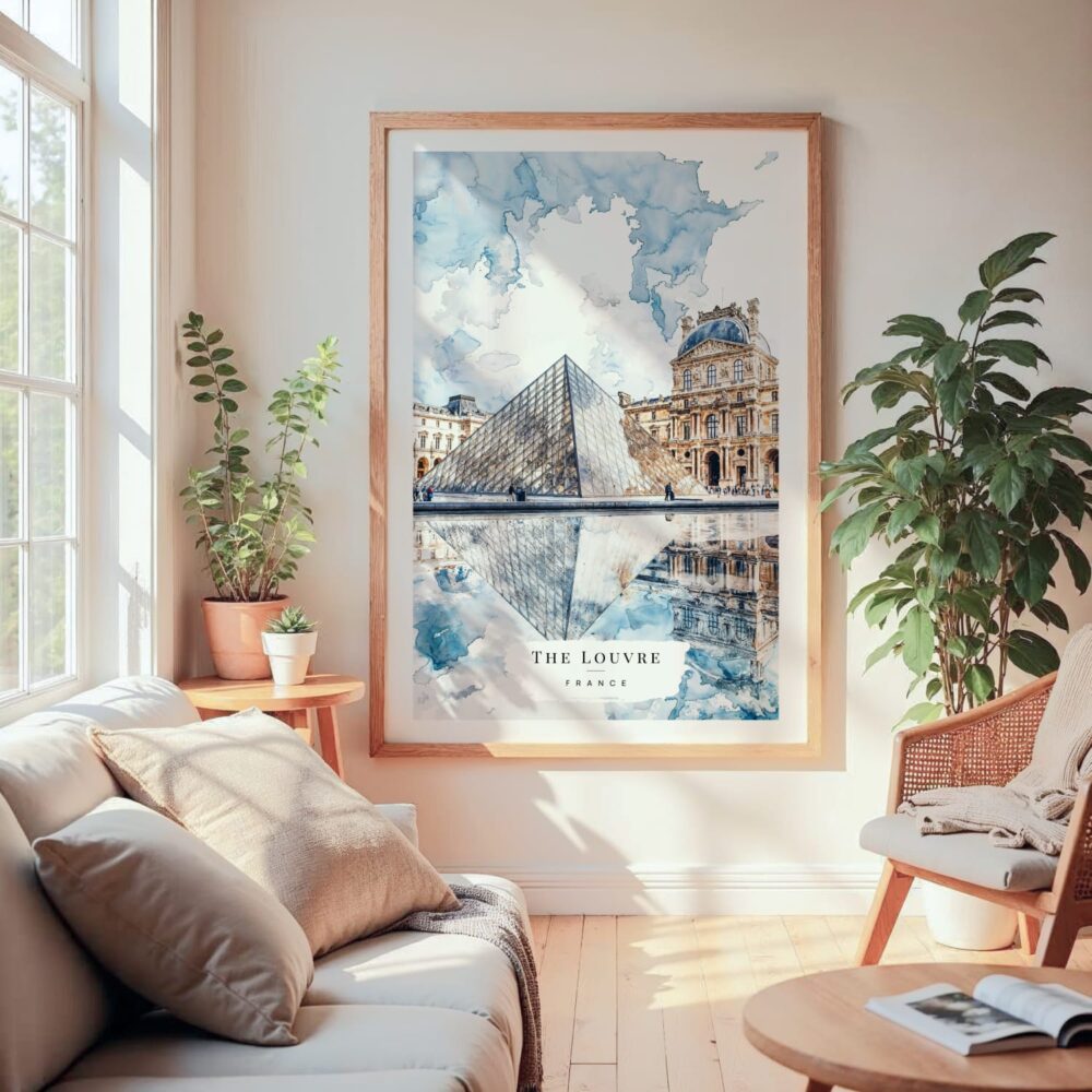 Large Framed Louvre Watercolor Wall Art - Cozy Living Room - Portrait Large Framed Louvre Watercolor Wall Art - Cozy Living Room - Portrait