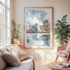 Large Framed Louvre Watercolor Wall Art - Cozy Living Room - Portrait