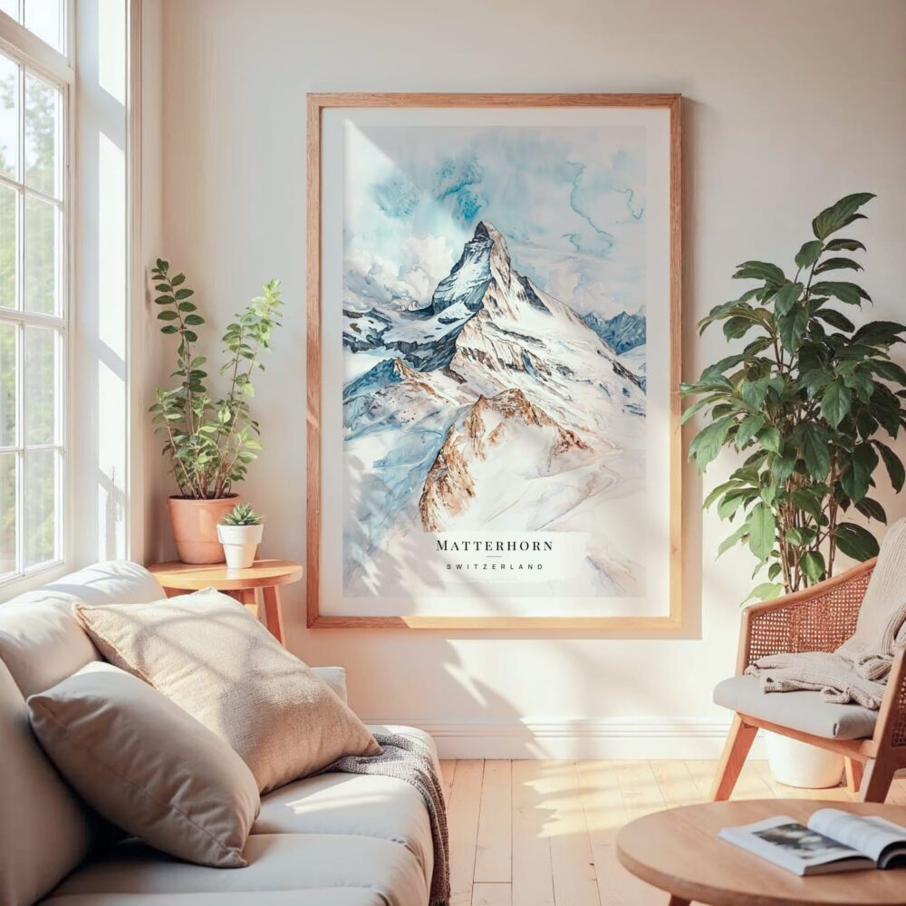 Large Framed Matterhorn Watercolor Wall Art - Cozy Living Room - Portrait Large Framed Matterhorn Watercolor Wall Art - Cozy Living Room - Portrait