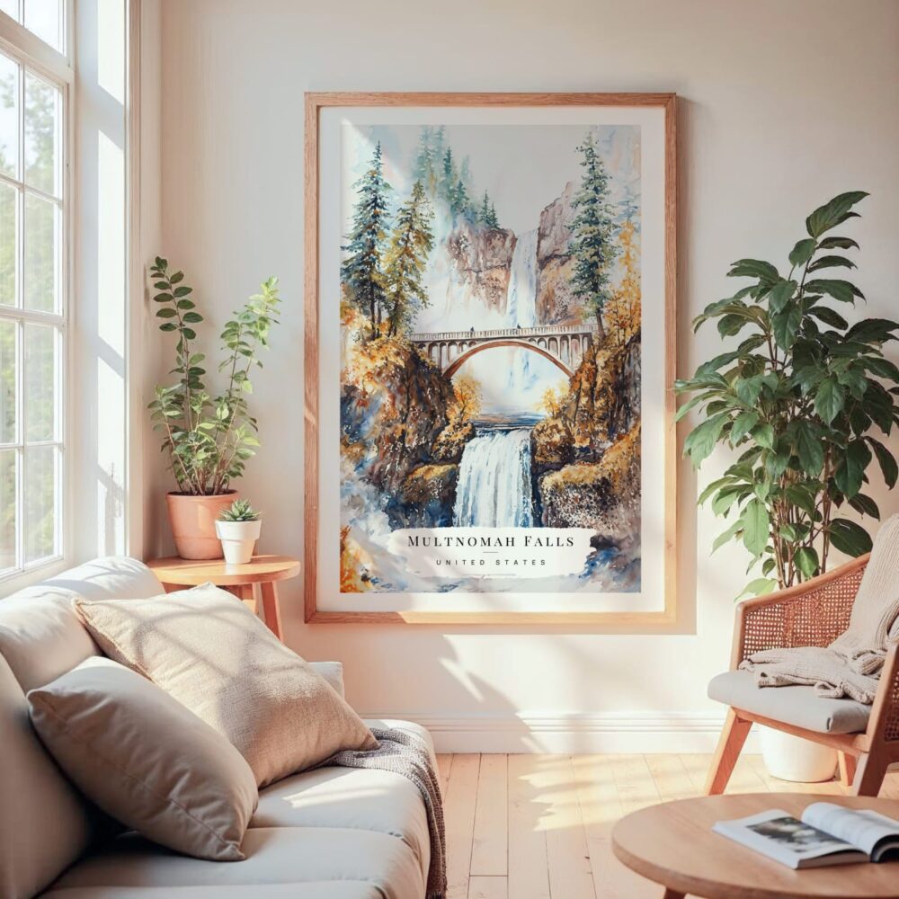 Large Framed Multnomah Falls Watercolor Wall Art - Cozy Living Room - Portrait Large Framed Multnomah Falls Watercolor Wall Art - Cozy Living Room - Portrait