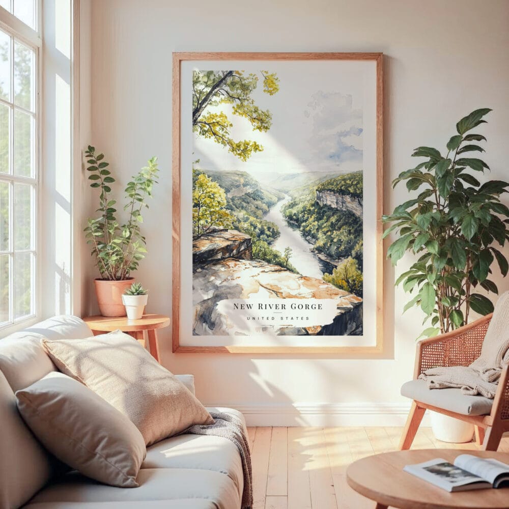 Large Framed New River Gorge National Park Watercolor Wall Art - Cozy Living Room - Portrait Large Framed New River Gorge National Park Watercolor Wall Art - Cozy Living Room - Portrait