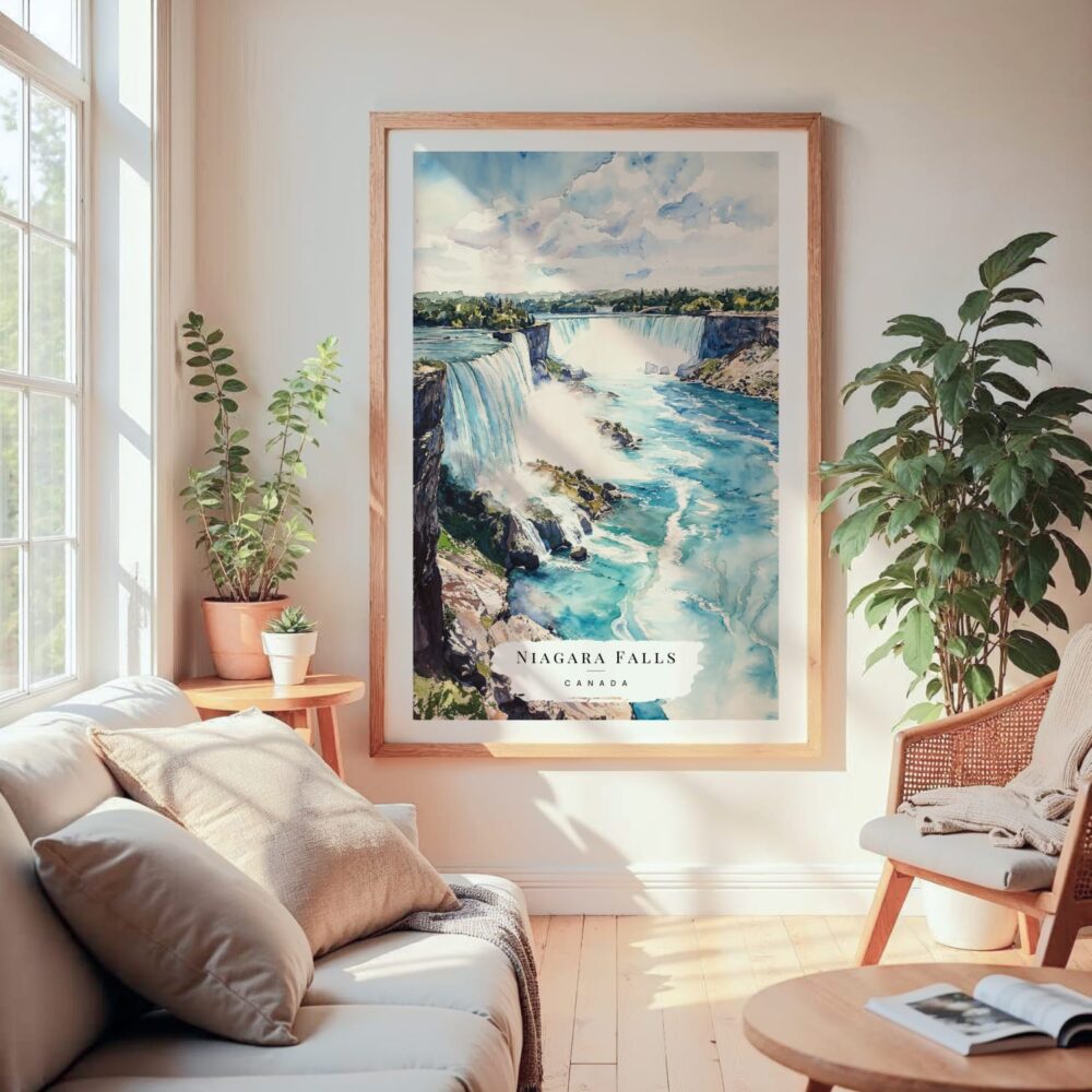 Large Framed Niagara Falls Watercolor Wall Art - Cozy Living Room - Portrait Large Framed Niagara Falls Watercolor Wall Art - Cozy Living Room - Portrait