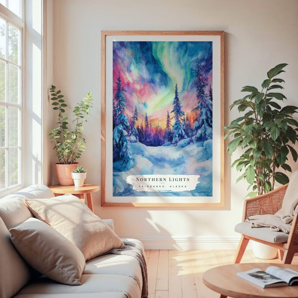 Large Framed Northern Lights Fairbanks Alaska Watercolor Wall Art - Cozy Living Room - Portrait Large Framed Northern Lights Fairbanks Alaska Watercolor Wall Art - Cozy Living Room - Portrait
