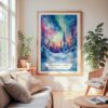 Large Framed Northern Lights Fairbanks Alaska Watercolor Wall Art - Cozy Living Room - Portrait