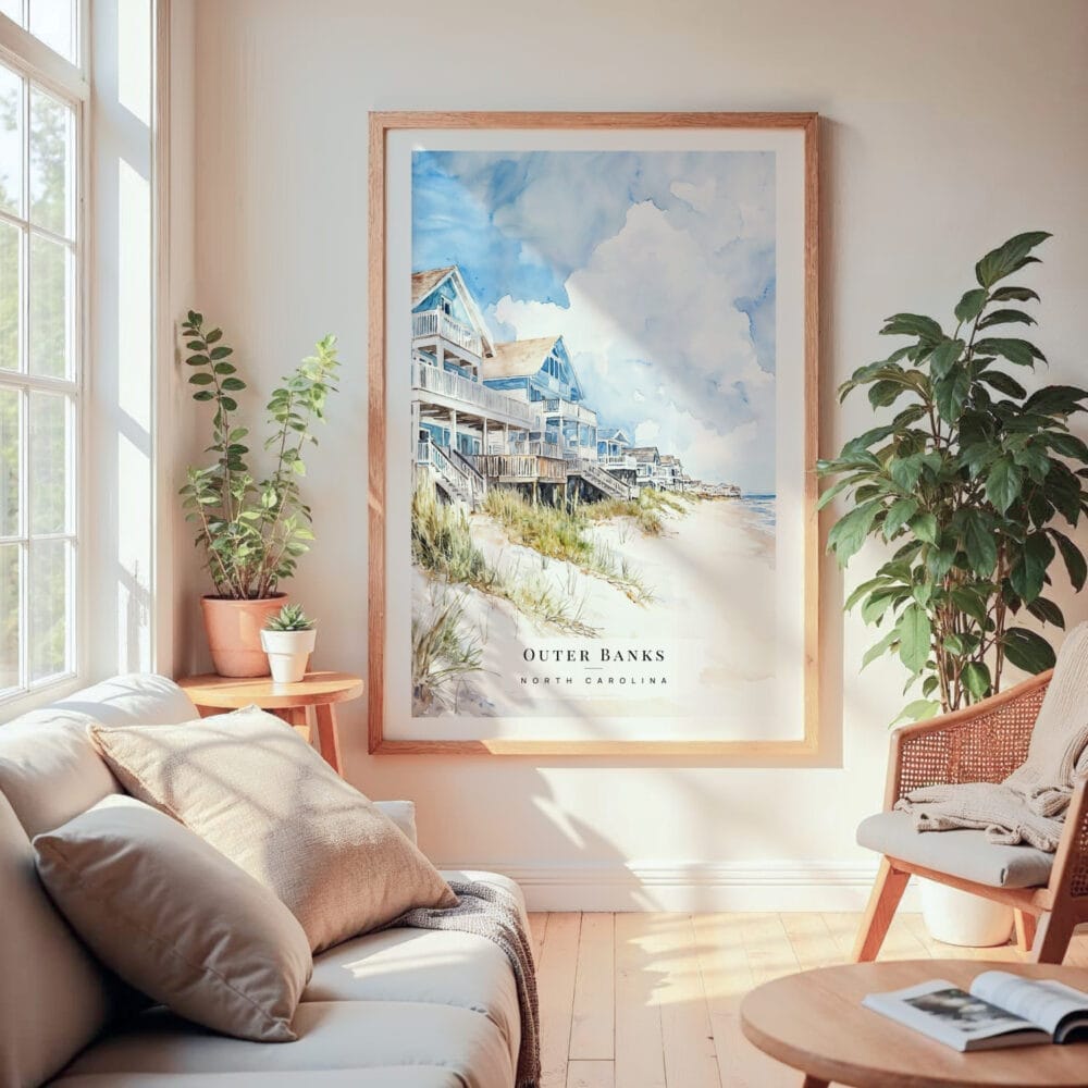 Large Framed Outer Banks Cottage Watercolor Wall Art - Cozy Living Room - Portrait Large Framed Outer Banks Cottage Watercolor Wall Art - Cozy Living Room - Portrait
