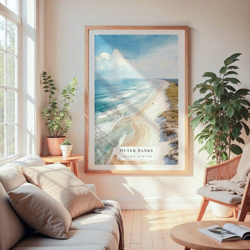 Large Framed Outer Banks NC Watercolor Wall Art - Cozy Living Room - Portrait Large Framed Outer Banks NC Watercolor Wall Art - Cozy Living Room - Portrait