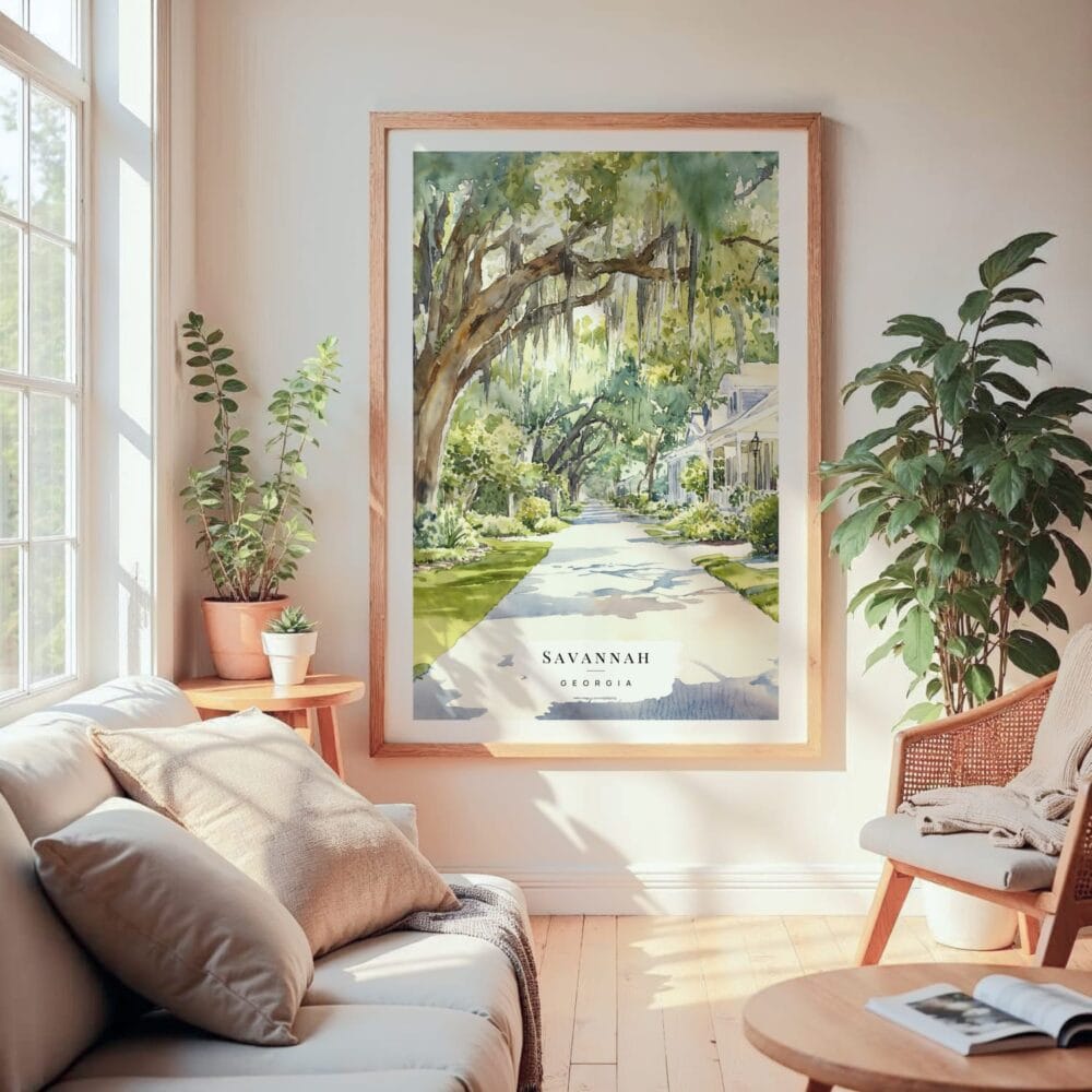 Large Framed Savannah Georgia Watercolor Wall Art - Cozy Living Room - Portrait Large Framed Savannah Georgia Watercolor Wall Art - Cozy Living Room - Portrait