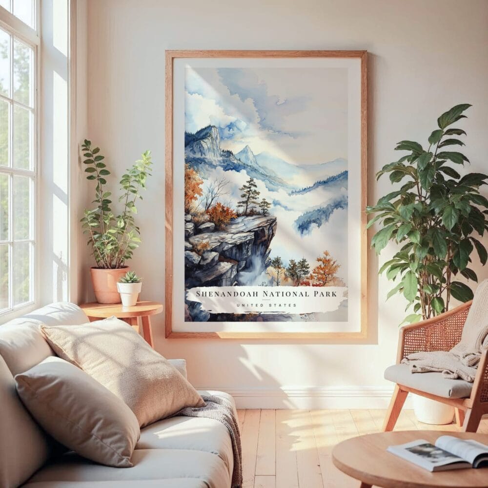 Large Framed Shenandoah National Park Watercolor Wall Art - Cozy Living Room - Portrait Large Framed Shenandoah National Park Watercolor Wall Art - Cozy Living Room - Portrait