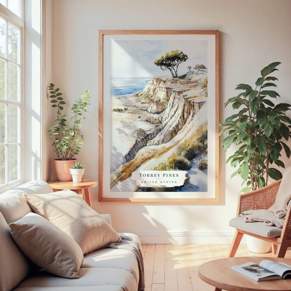 Large Framed Torrey Pines San Diego Watercolor Wall Art - Cozy Living Room - Portrait Large Framed Torrey Pines San Diego Watercolor Wall Art - Cozy Living Room - Portrait