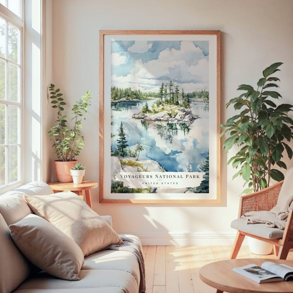 Large Framed Voyageurs national park Watercolor Wall Art - Cozy Living Room - Portrait Large Framed Voyageurs national park Watercolor Wall Art - Cozy Living Room - Portrait