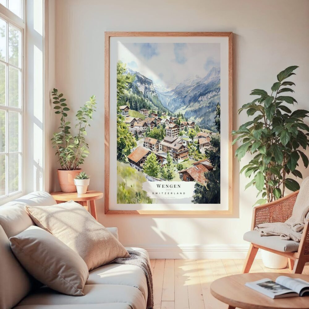 Large Framed Wengen Switzerland Watercolor Wall Art - Cozy Living Room - Portrait Large Framed Wengen Switzerland Watercolor Wall Art - Cozy Living Room - Portrait