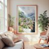 Large Framed Wengen Switzerland Watercolor Wall Art - Cozy Living Room - Portrait