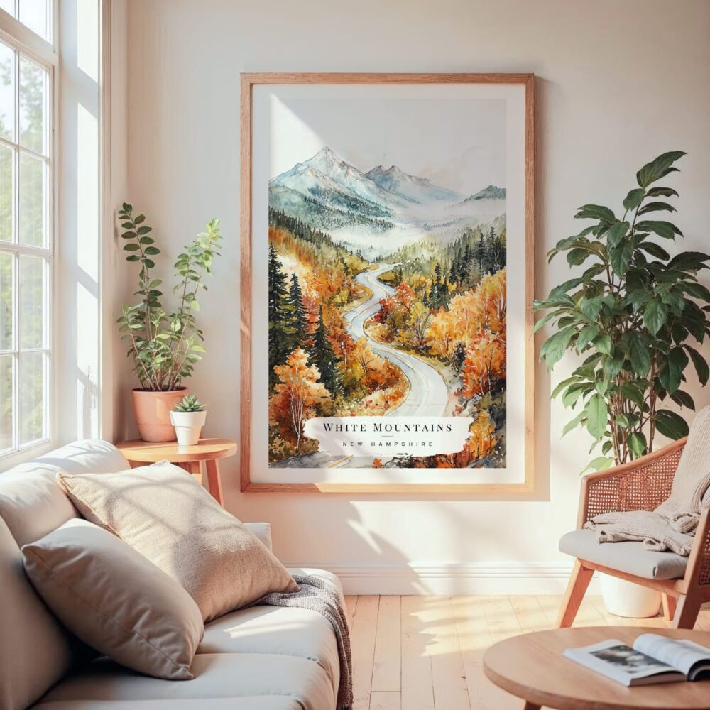 Large Framed White Mountains New Hampshire Watercolor Wall Art - Cozy Living Room - Portrait Large Framed White Mountains New Hampshire Watercolor Wall Art - Cozy Living Room - Portrait