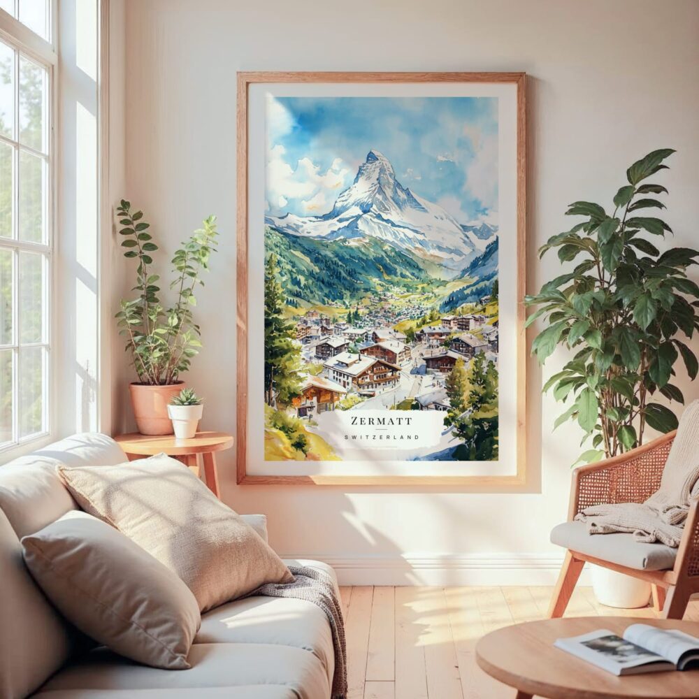 Large Framed Zermatt Switzerland Watercolor Wall Art - Cozy Living Room - Portrait Large Framed Zermatt Switzerland Watercolor Wall Art - Cozy Living Room - Portrait