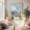 Large Framed Zermatt Watercolor Wall Art - Cozy Living Room - Portrait