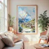 Large Framed Zermatt Watercolor Wall Art - Cozy Living Room - Portrait