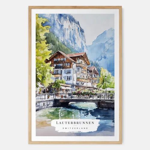 Lauterbrunnen Switzerland Watercolor Art Print - Main - Wood Frame