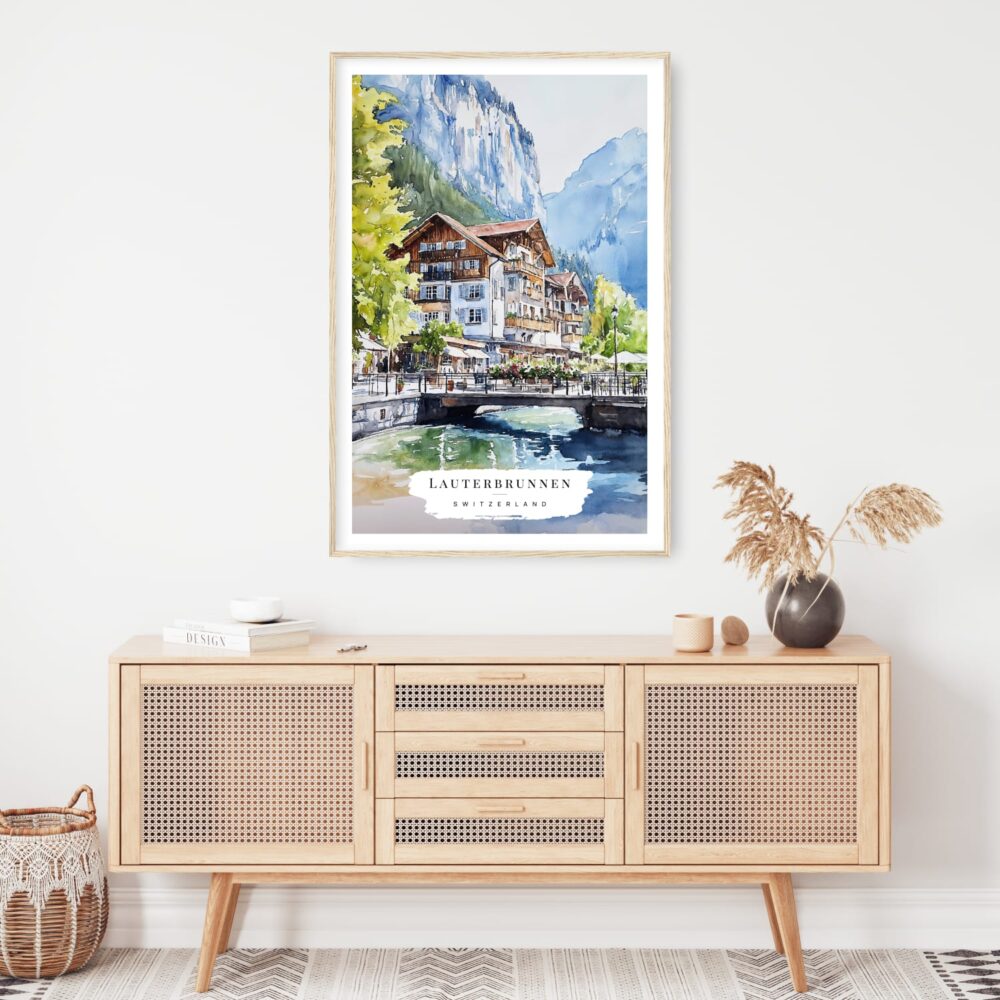 Lauterbrunnen Switzerland Watercolor Art Print - Shelf - Portrait Lauterbrunnen Switzerland Watercolor Art Print - Shelf - Portrait