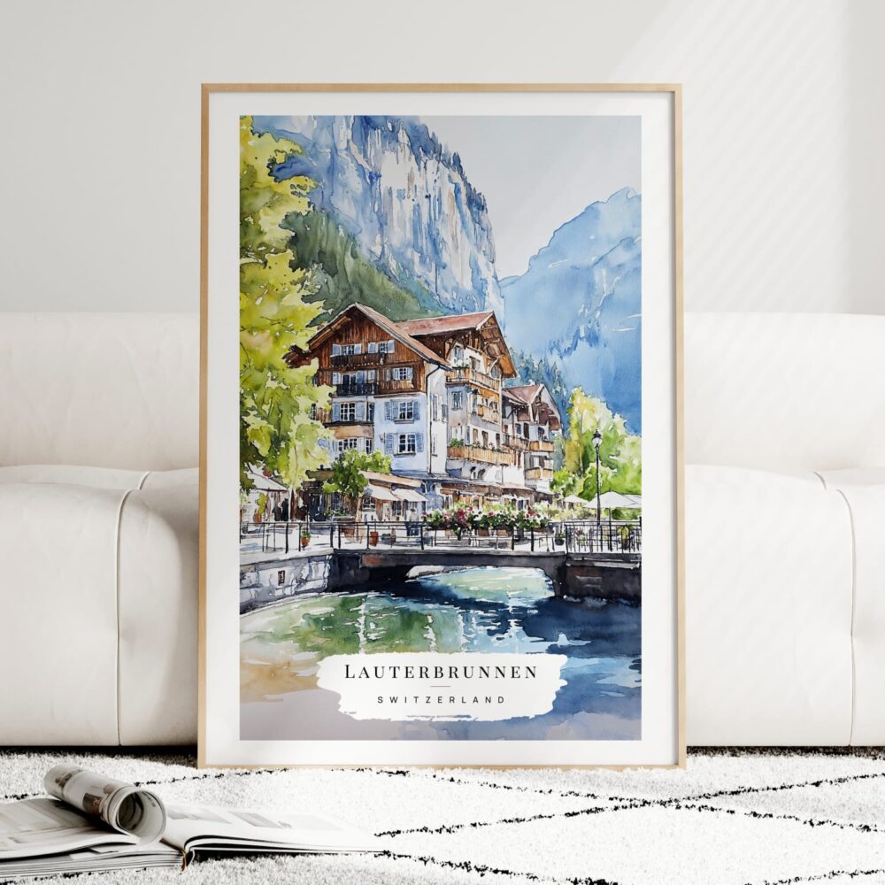 Lauterbrunnen Switzerland Watercolor Art Print - Wood Frame standing on Floor Lauterbrunnen Switzerland Watercolor Art Print - Wood Frame standing on Floor