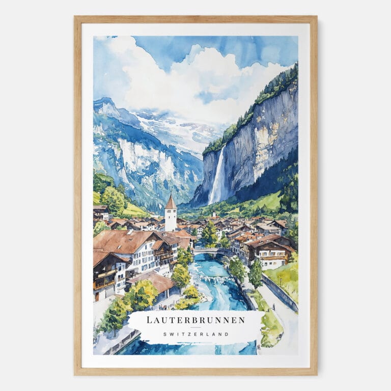 Lauterbrunnen Watercolor Art Print - Main - Wood Frame