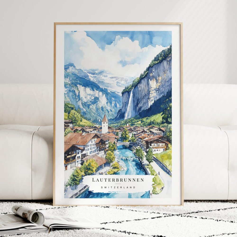 Lauterbrunnen Watercolor Art Print - Wood Frame standing on Floor Lauterbrunnen Watercolor Art Print - Wood Frame standing on Floor