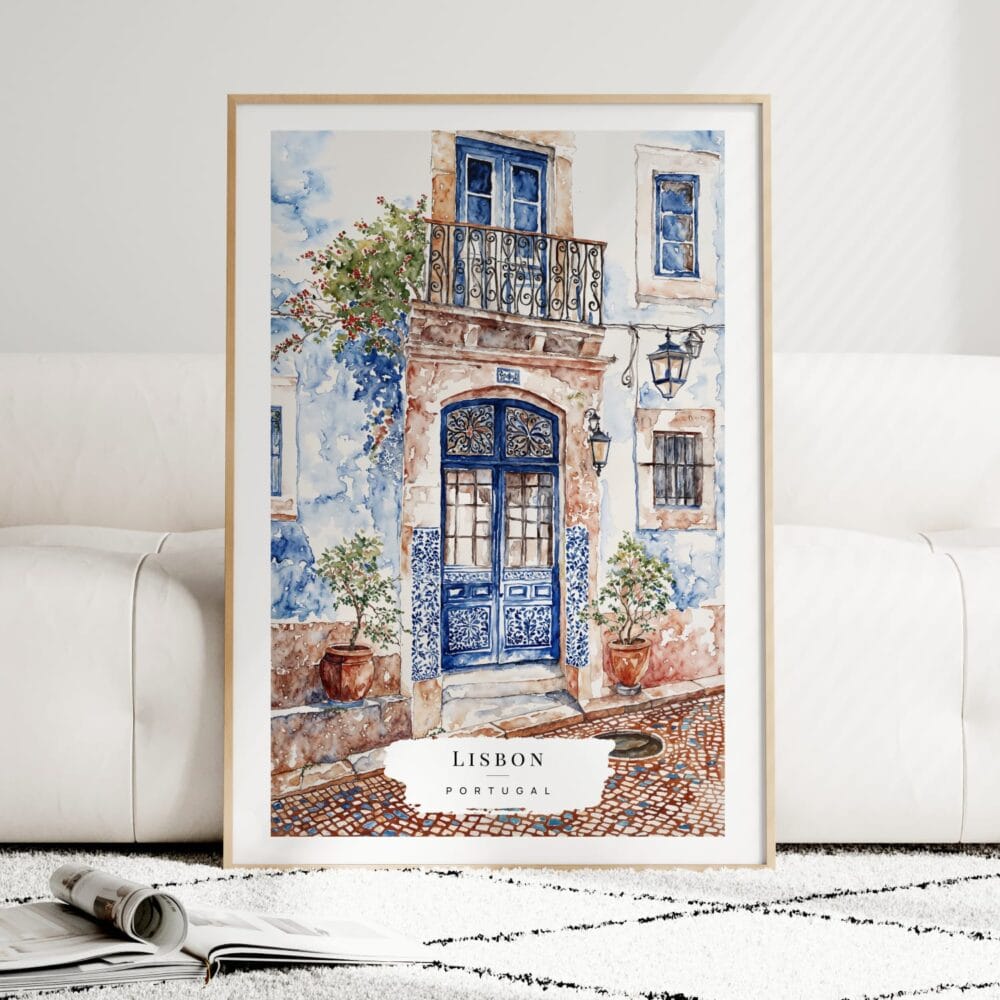 Lisbon Streets Watercolor Art Print - Wood Frame standing on Floor Lisbon Streets Watercolor Art Print - Wood Frame standing on Floor