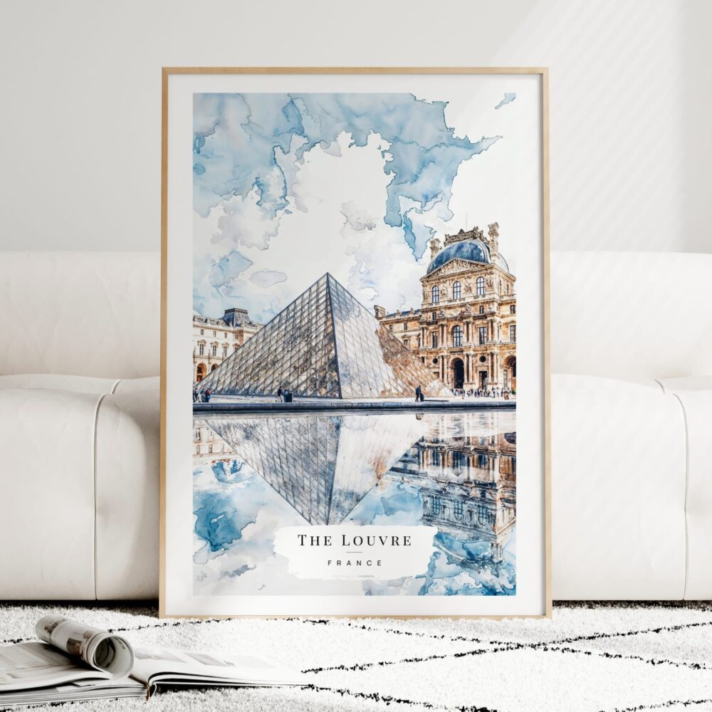 Louvre Watercolor Art Print - Wood Frame standing on Floor Louvre Watercolor Art Print - Wood Frame standing on Floor
