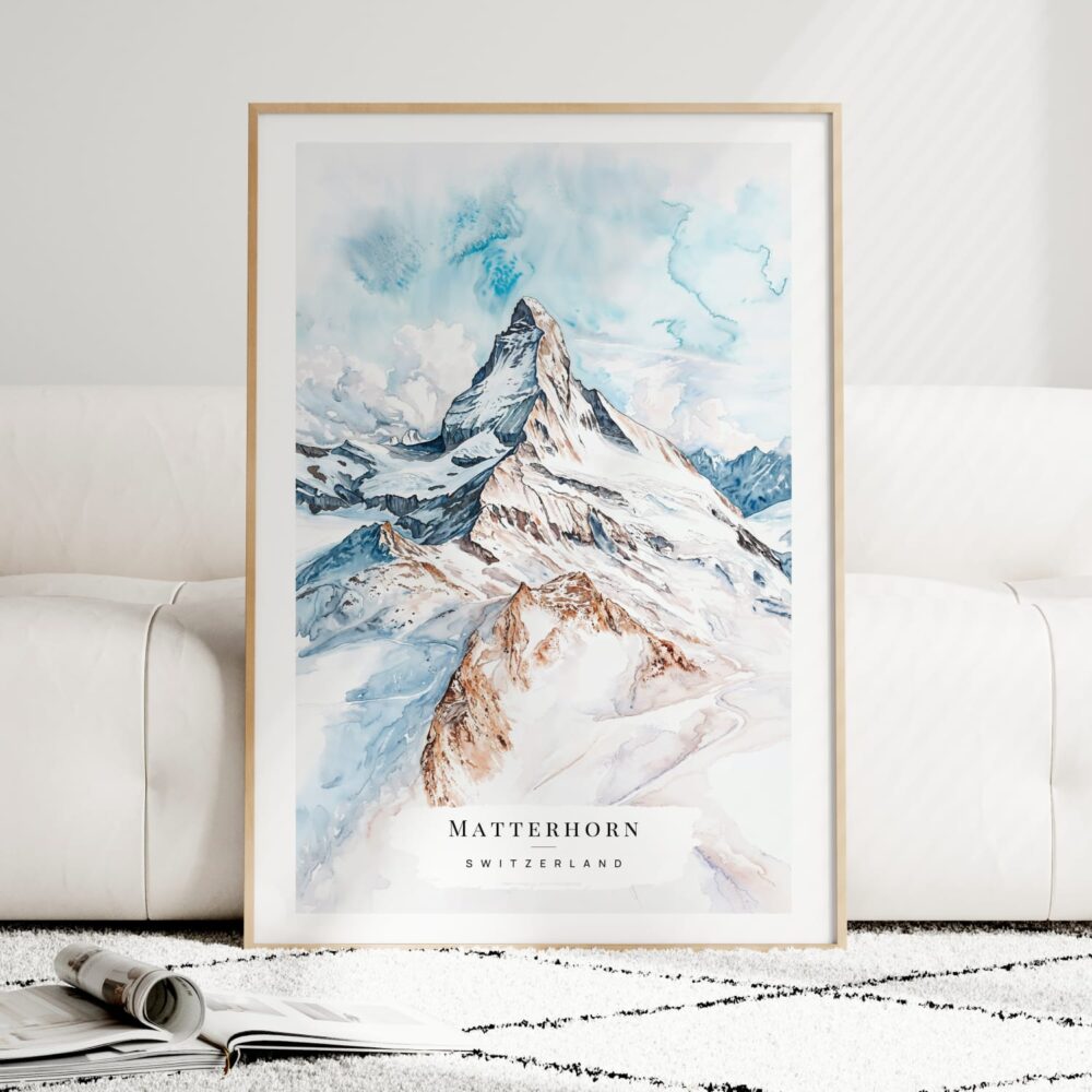 Matterhorn Watercolor Art Print - Wood Frame standing on Floor Matterhorn Watercolor Art Print - Wood Frame standing on Floor