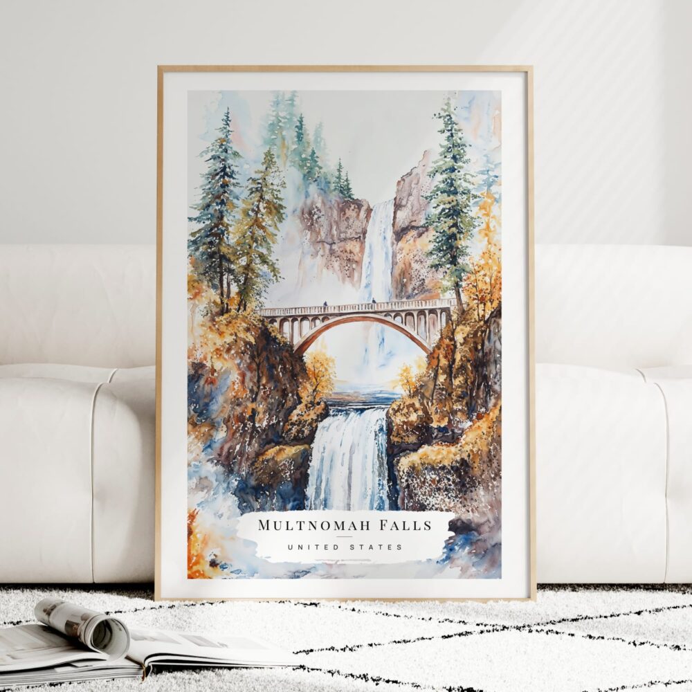 Multnomah Falls Watercolor Art Print - Wood Frame standing on Floor Multnomah Falls Watercolor Art Print - Wood Frame standing on Floor