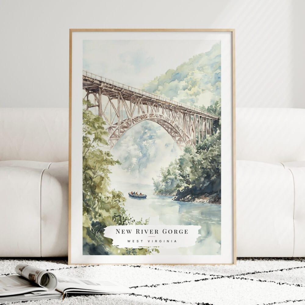 New River Gorge Bridge Watercolor Art Print - Wood Frame standing on Floor New River Gorge Bridge Watercolor Art Print - Wood Frame standing on Floor