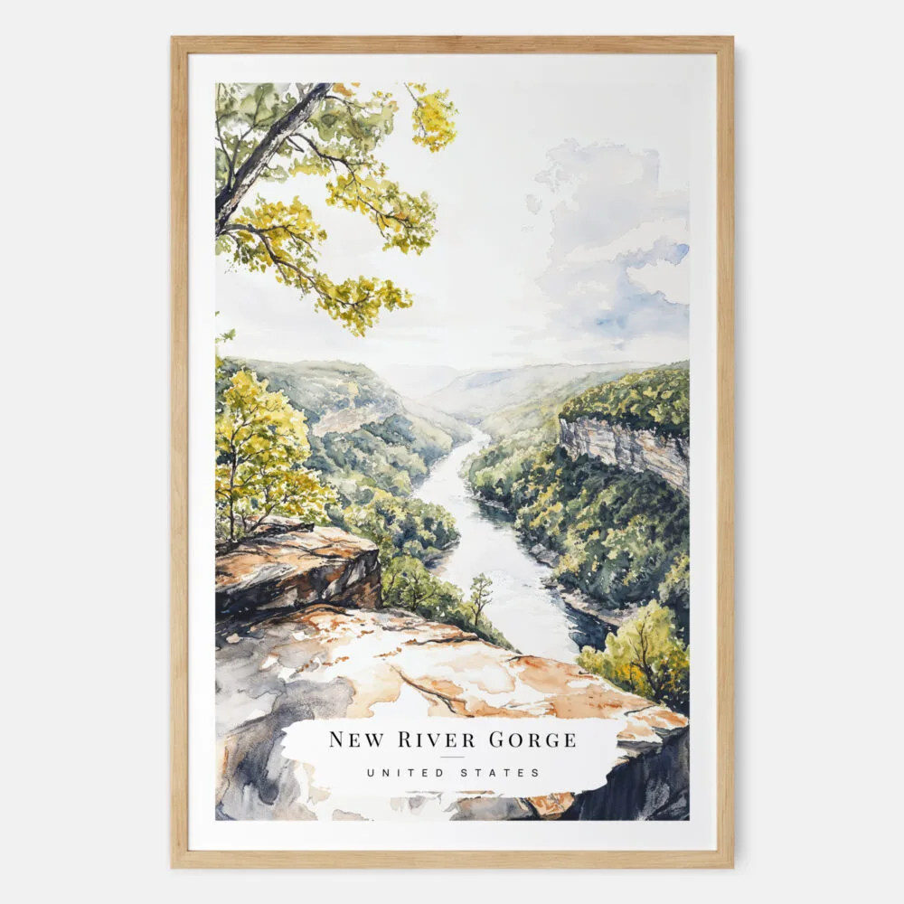 New River Gorge National Park Watercolor Art Print - Main - Wood Frame New River Gorge National Park Watercolor Art Print - Main - Wood Frame