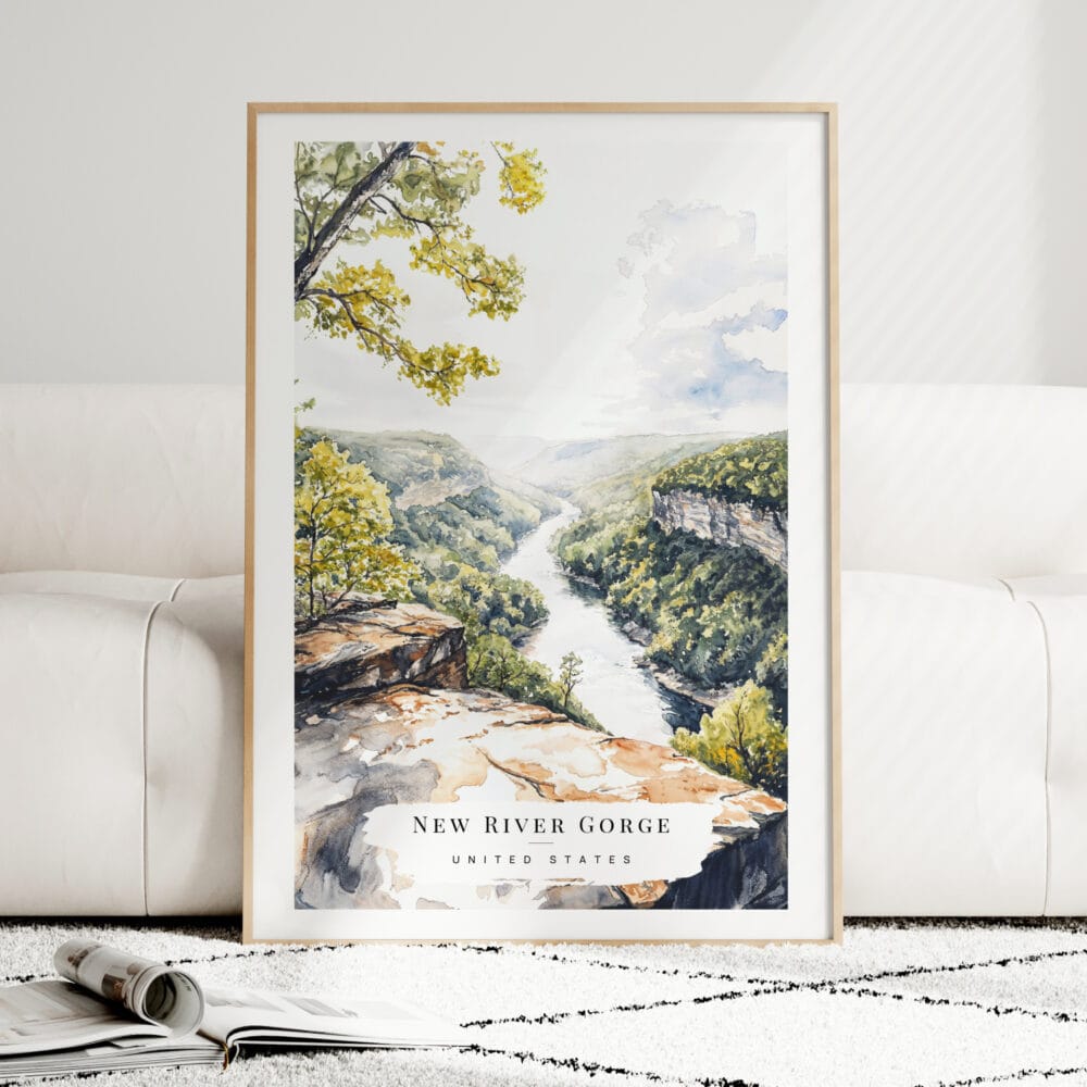 New River Gorge National Park Watercolor Art Print - Wood Frame standing on Floor New River Gorge National Park Watercolor Art Print - Wood Frame standing on Floor