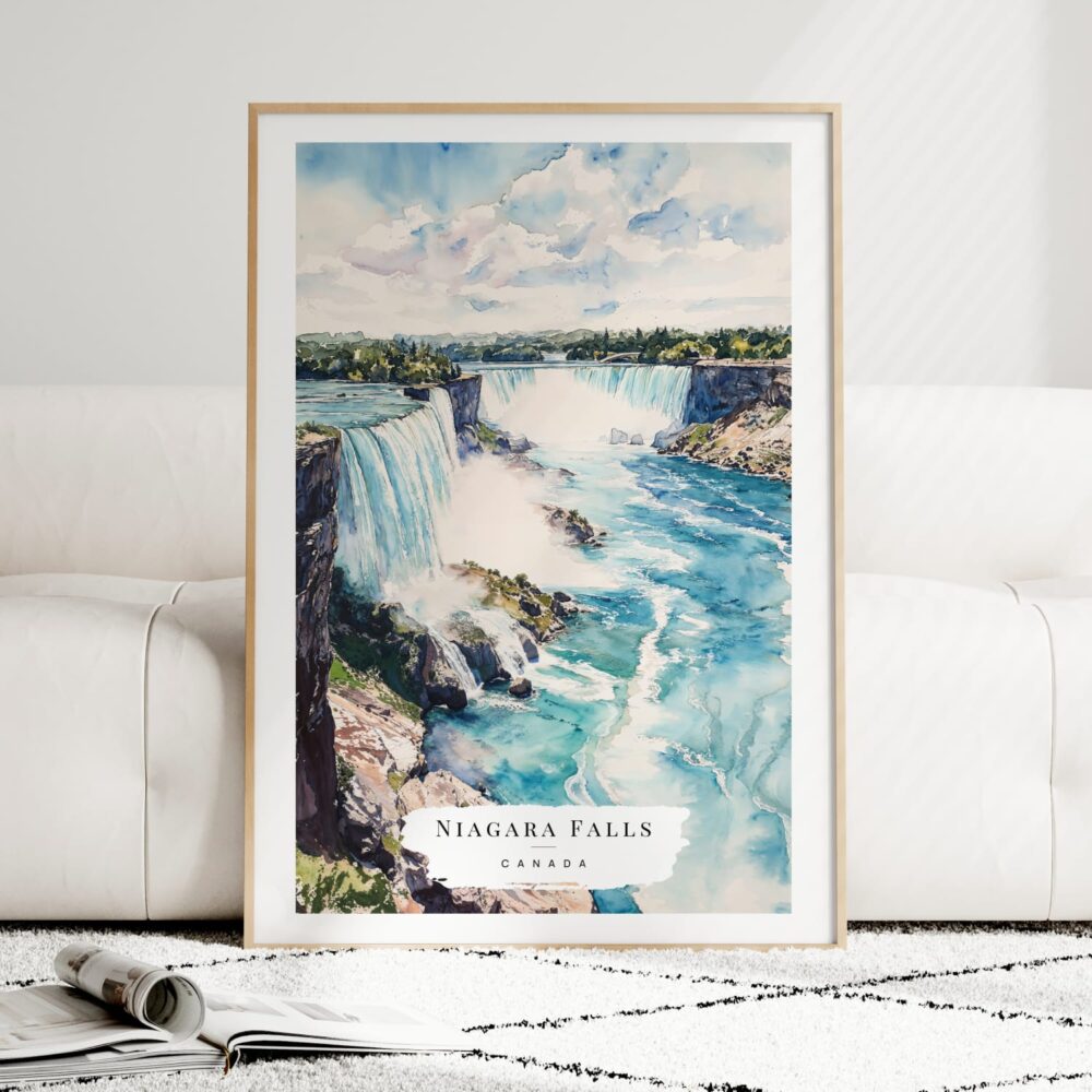 Niagara Falls Watercolor Art Print - Wood Frame standing on Floor Niagara Falls Watercolor Art Print - Wood Frame standing on Floor