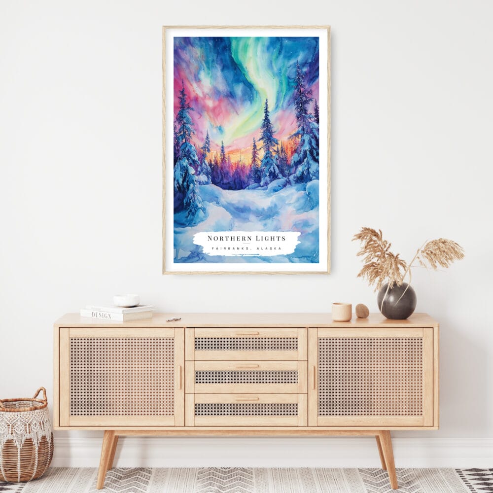 Northern Lights Fairbanks Alaska Watercolor Art Print - Shelf - Portrait Northern Lights Fairbanks Alaska Watercolor Art Print - Shelf - Portrait
