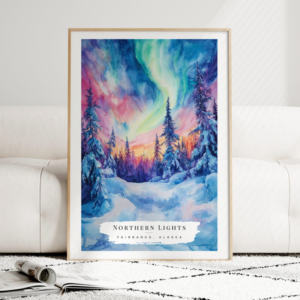 Northern Lights Fairbanks Alaska Watercolor Art Print - Wood Frame standing on Floor Northern Lights Fairbanks Alaska Watercolor Art Print - Wood Frame standing on Floor
