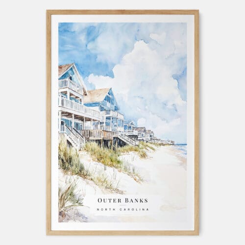 Outer Banks Cottage Watercolor Art Print - Main - Wood Frame