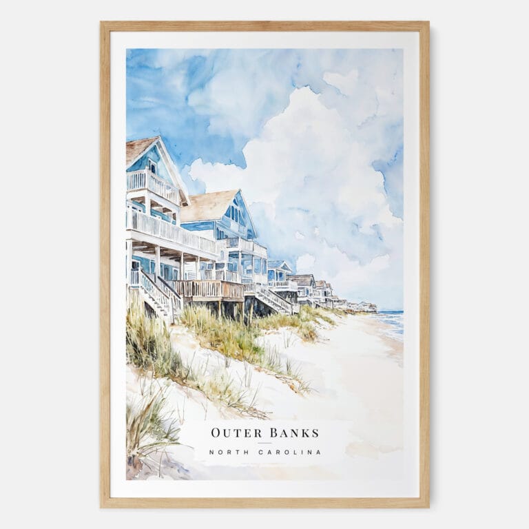 Outer Banks Cottage Watercolor Art Print - Main - Wood Frame