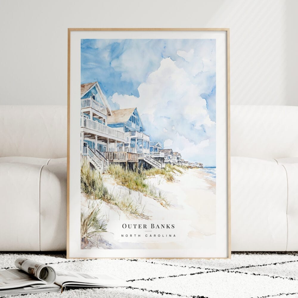 Outer Banks Cottage Watercolor Art Print - Wood Frame standing on Floor Outer Banks Cottage Watercolor Art Print - Wood Frame standing on Floor