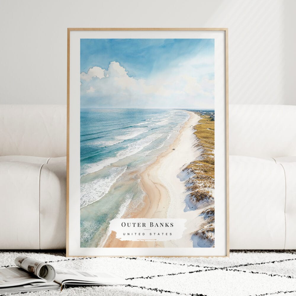 Outer Banks NC Watercolor Art Print - Wood Frame standing on Floor Outer Banks NC Watercolor Art Print - Wood Frame standing on Floor
