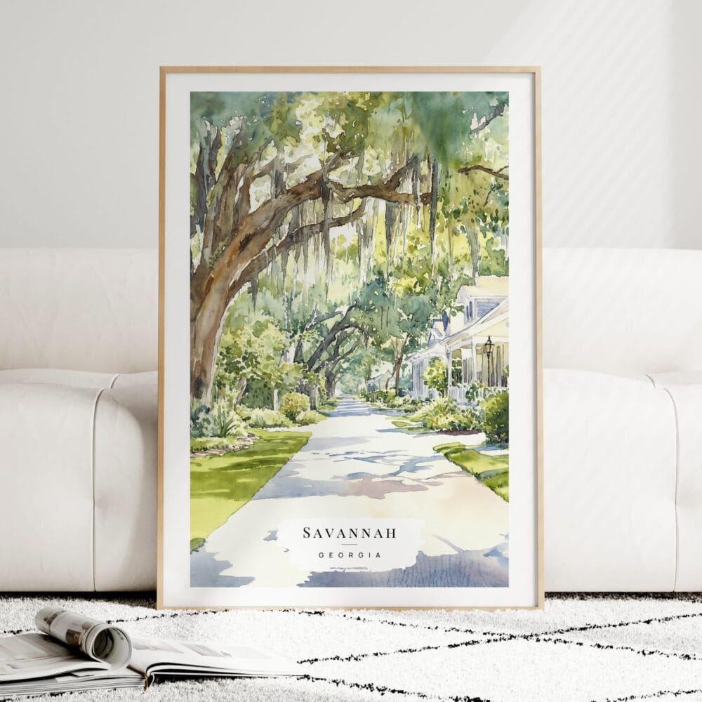 Savannah Georgia Watercolor Art Print - Wood Frame standing on Floor Savannah Georgia Watercolor Art Print - Wood Frame standing on Floor