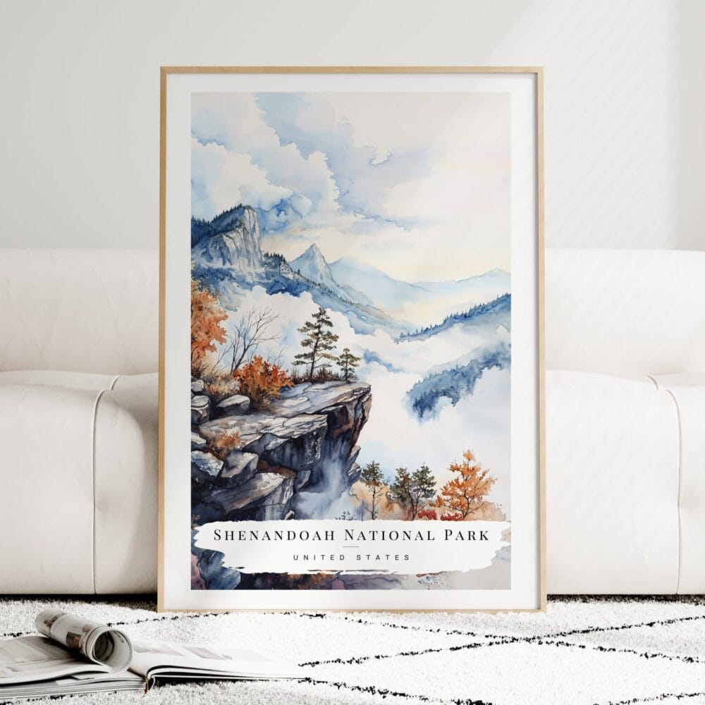 Shenandoah National Park Watercolor Art Print - Wood Frame standing on Floor Shenandoah National Park Watercolor Art Print - Wood Frame standing on Floor
