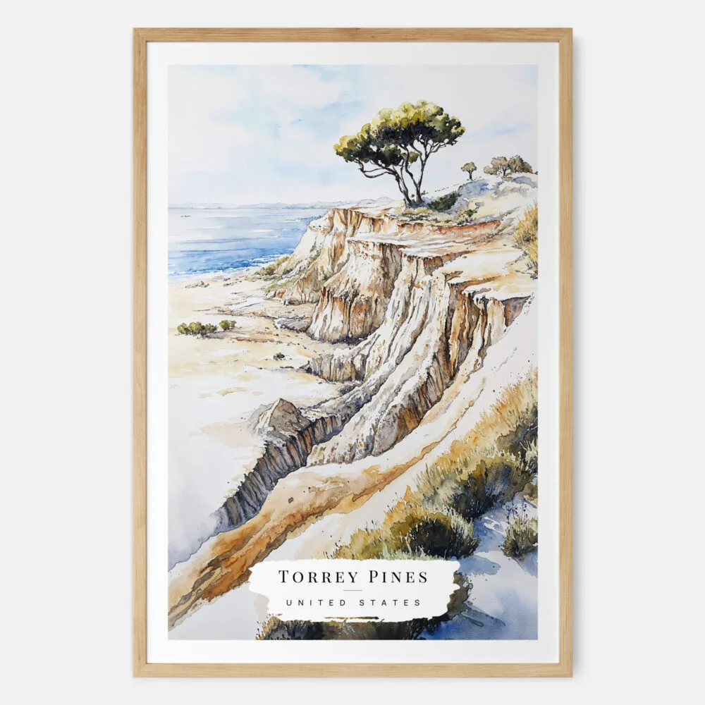 Torrey Pines San Diego Watercolor Art Print - Main - Wood Frame Torrey Pines San Diego Watercolor Art Print - Main - Wood Frame