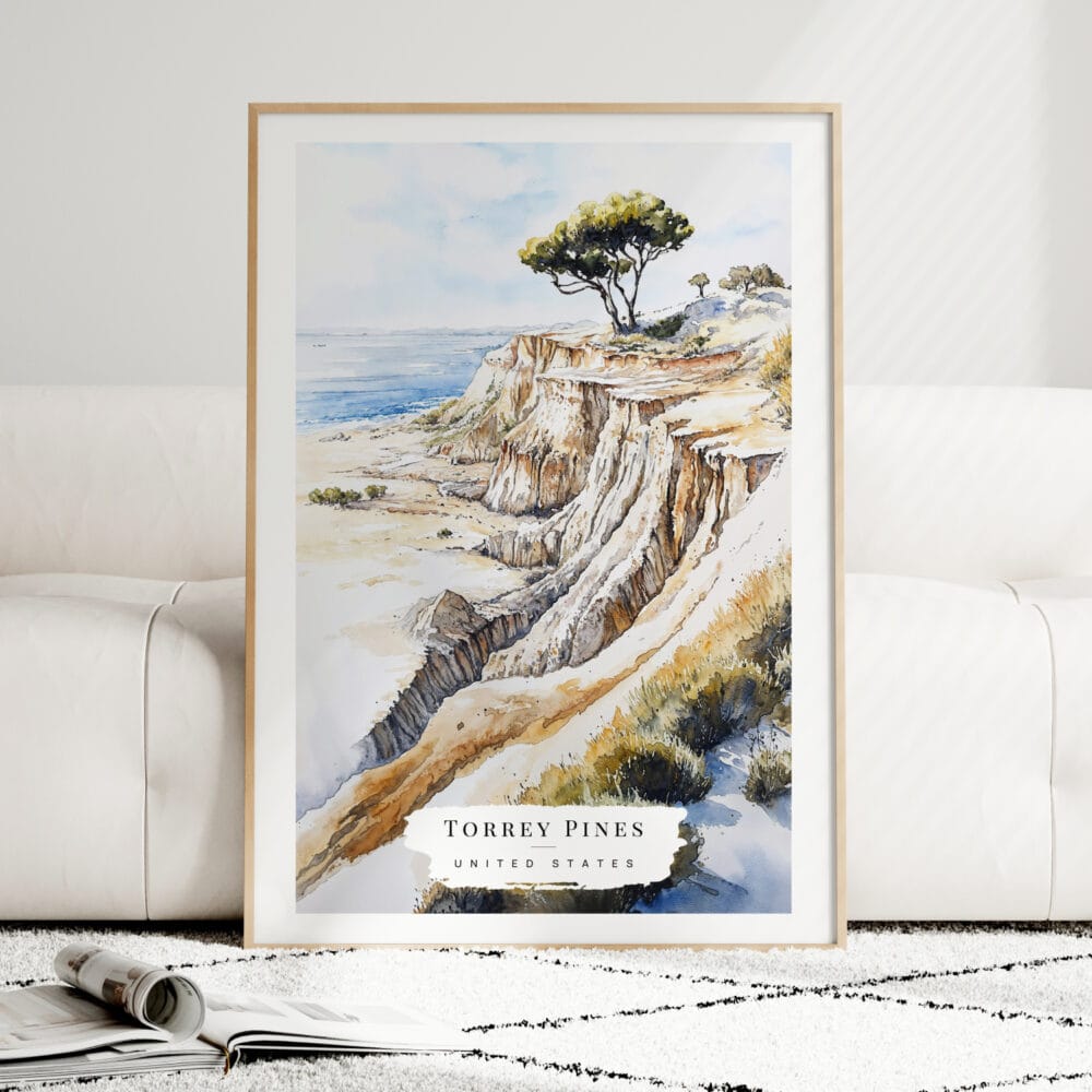 Torrey Pines San Diego Watercolor Art Print - Wood Frame standing on Floor Torrey Pines San Diego Watercolor Art Print - Wood Frame standing on Floor