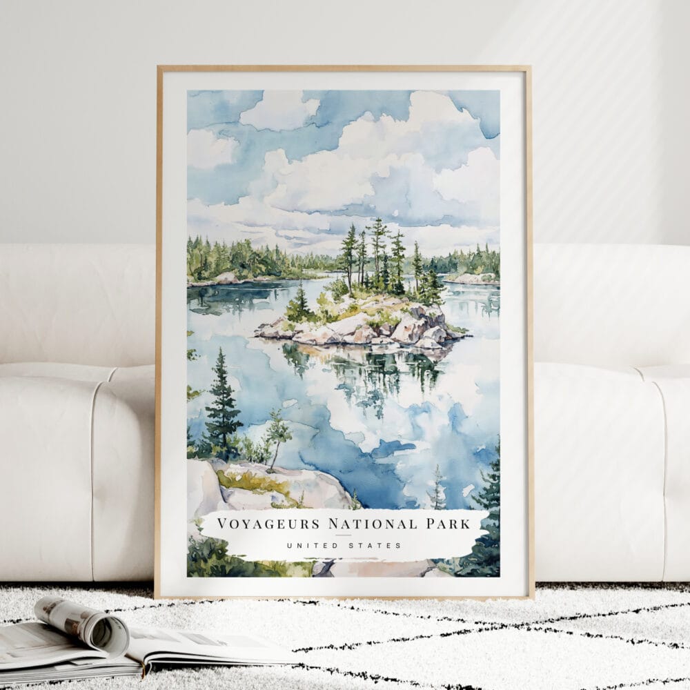 Voyageurs national park Watercolor Art Print - Wood Frame standing on Floor Voyageurs national park Watercolor Art Print - Wood Frame standing on Floor