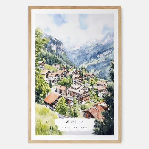 Wengen Switzerland Watercolor Art Print - Main - Wood Frame