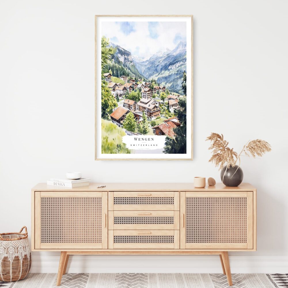 Wengen Switzerland Watercolor Art Print - Shelf - Portrait Wengen Switzerland Watercolor Art Print - Shelf - Portrait