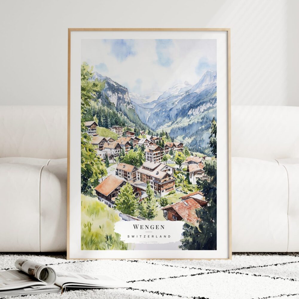 Wengen Switzerland Watercolor Art Print - Wood Frame standing on Floor Wengen Switzerland Watercolor Art Print - Wood Frame standing on Floor