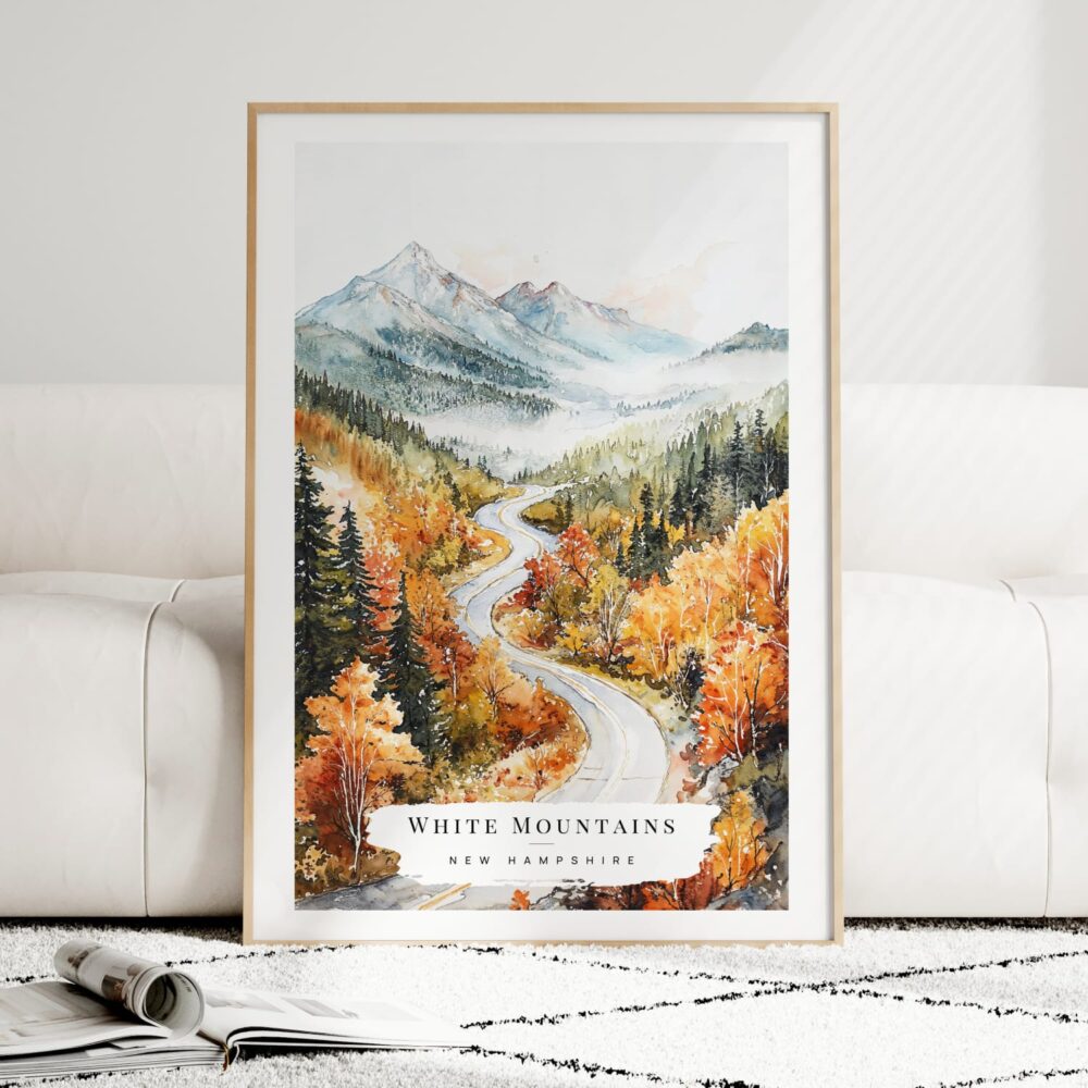 White Mountains New Hampshire Watercolor Art Print - Wood Frame standing on Floor White Mountains New Hampshire Watercolor Art Print - Wood Frame standing on Floor