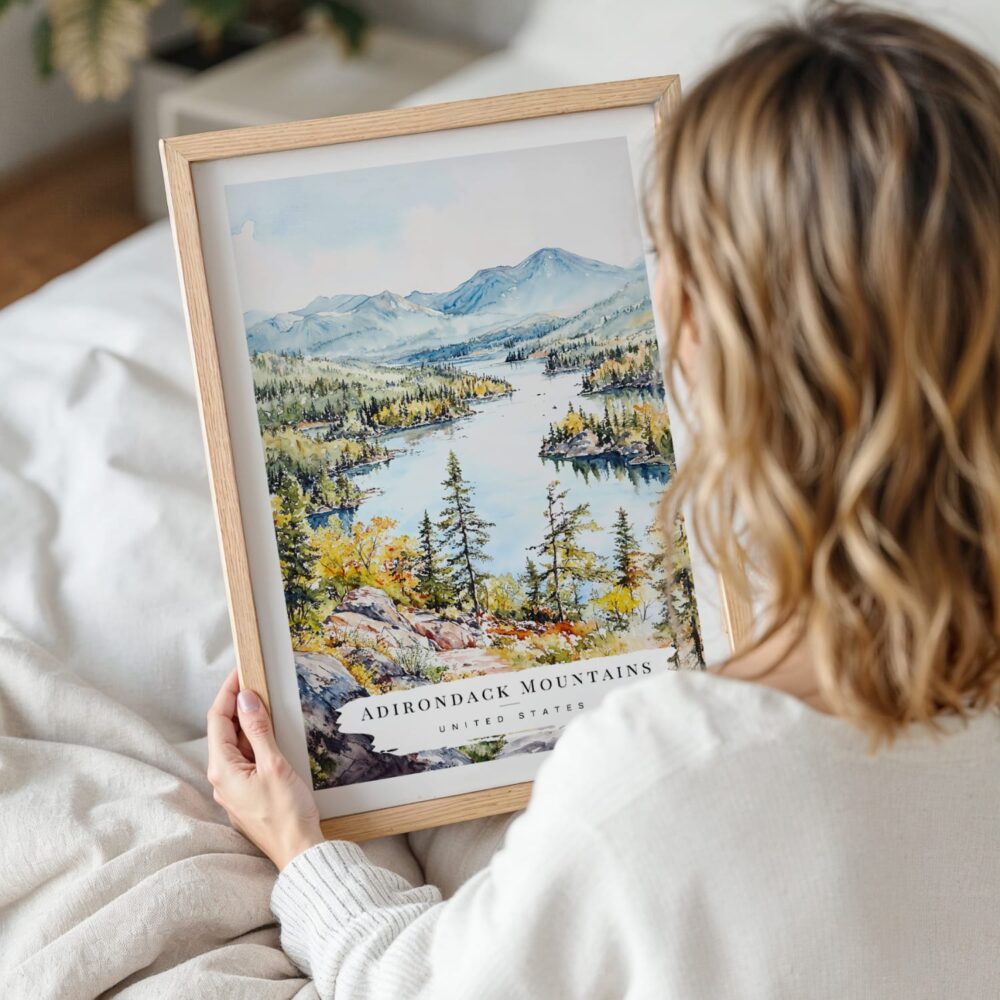 Woman Holding Framed Adirondack Mountains Watercolor Wall Art - Portrait Woman Holding Framed Adirondack Mountains Watercolor Wall Art - Portrait