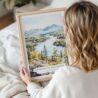 Woman Holding Framed Adirondack Mountains Watercolor Wall Art - Portrait